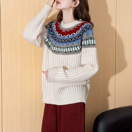 唐狮秋冬毛衣女费尔岛风圆领套头时尚高级感小个子上衣女潮TD图片