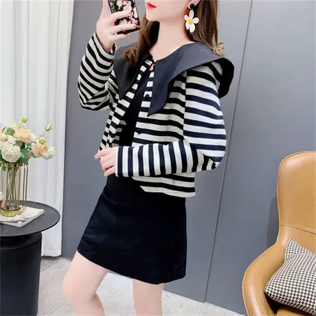 黑白条纹娃娃领卫衣开衫女春秋2023新款宽松设计感短款小个子上衣商品大图
