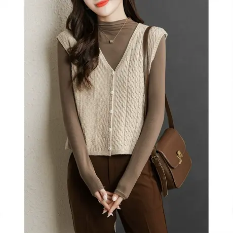 V领麻花针织马甲女士2023新款春秋冬季叠穿毛衣背心坎肩马夹外搭图片