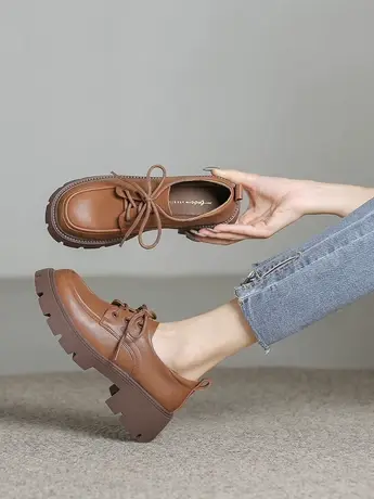 真皮棕色小皮鞋女2023新款秋冬季粗跟厚底英伦风软底系带乐福单鞋商品大图