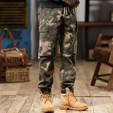 美式百搭工装裤褪色高密人字斜纹精梳棉印花迷彩宽松潮流工装裤图片