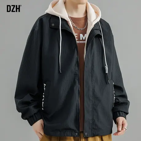 男士黑色连帽假两件外套男春秋潮流百搭男装2023年新款飞行员夹克商品大图