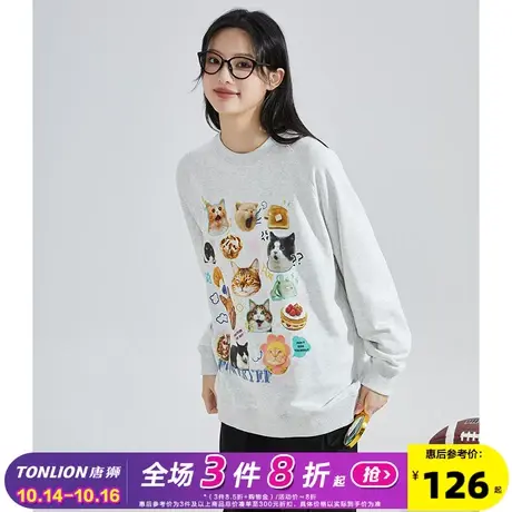 唐狮2023秋季新款YEP联名猫咪趣味印花套头美式风休闲宽松女卫衣G图片