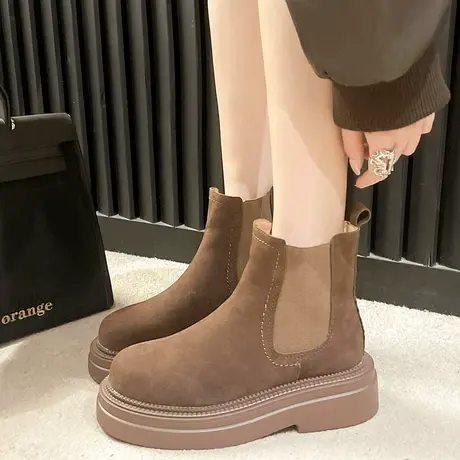 欧洲站2023秋冬新款磨砂时尚圆头百搭切尔西烟筒靴厚底马丁短靴女商品大图