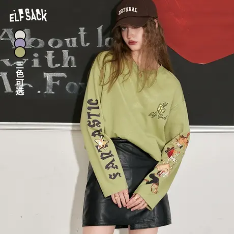 妖精的口袋复古针织长袖t恤女2023秋冬新款美式印花宽松长款上衣商品大图