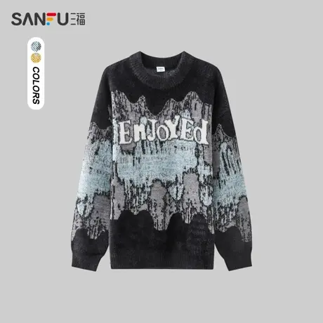 三福2023冬男士时尚字母渐变条纹毛衣 休闲宽松圆领上衣477945商品大图