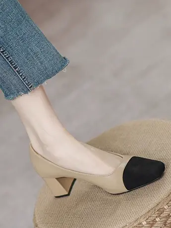 真皮小香风拼色高跟鞋女2023年夏季新款法式浅口软皮中跟粗跟单鞋图片