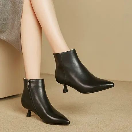 2023秋冬新款短靴女细跟中跟裸靴全真皮时尚洋气气质舒适百搭靴子图片