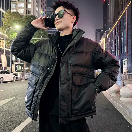 冬季新款立领工装羽绒服个性大口袋潮牌宽松加厚冬装白鸭绒皮外套商品大图