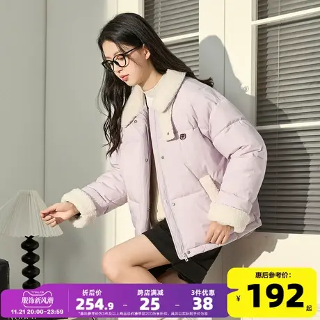 [草莓熊联名]唐狮新款棉衣外套女短款2023冬季仿羊羔毛拼接棉袄厚图片