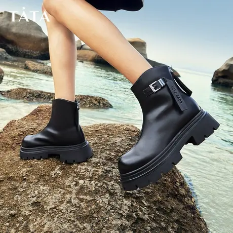【双11会员试用抽签】Tata他她英伦风厚底短靴女时装靴2023冬新款图片