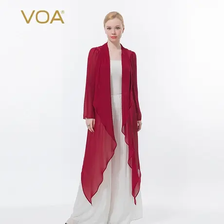 VOA真丝乔其酒红色褶皱长袖开衫式微透度假长款桑蚕丝外套图片