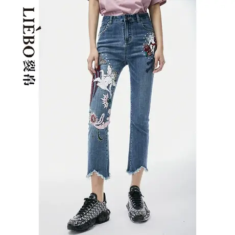 T裂帛LIEBOFeng小众设计感复古刺绣不规则毛边显瘦时髦牛仔九分裤商品大图