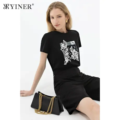 YINER音儿女装夏季新款气质圆领短袖印花T恤商品大图