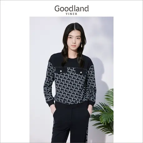 Goodland美地女装冬季套头毛衣钉珠设计感提花针织上衣商品大图