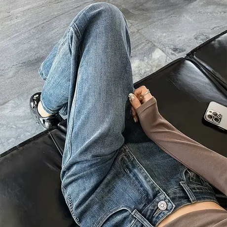 蓝色高腰直筒牛仔裤女秋季2023年新款宽松显瘦百搭窄版阔腿拖地裤商品大图