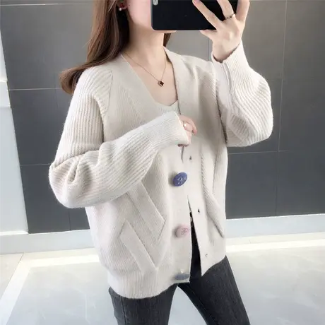 春秋装新款潮短款针织衫开衫女宽松韩版百搭拼色小清新毛衣外套图片