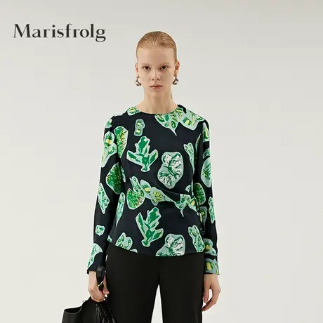 【言选好物】玛丝菲尔秋季新款圆领黑色印花衬衫上衣女商品大图