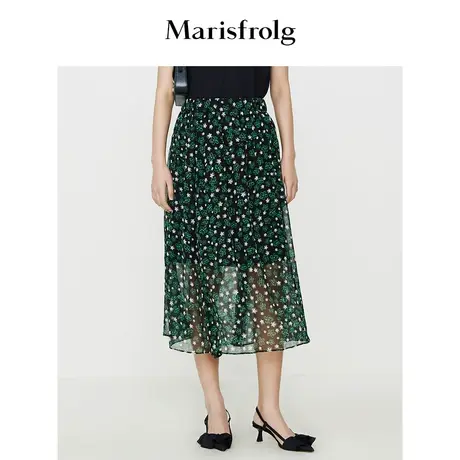 【6A级桑蚕丝】玛丝菲尔夏季新款绿色中长款真丝薄纱碎花半身裙女商品大图