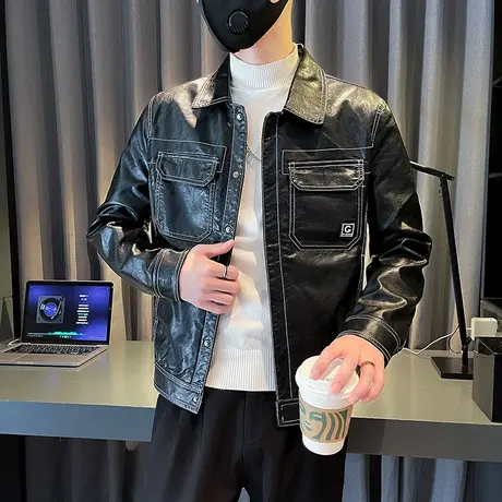皮衣外套男春秋季2023新款骑行潮流潮牌明线设计感翻领夹克机车服图片