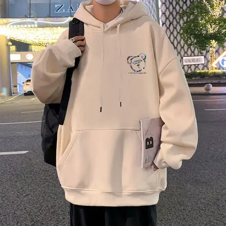 小熊印花纯棉宽松连帽卫衣男春秋季2024新款上衣潮流帽衫休闲外套商品大图