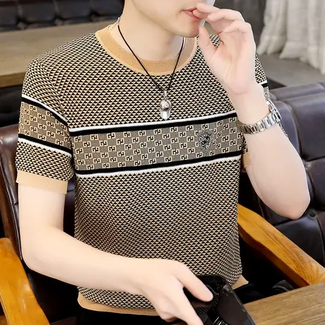 设计高级感潮牌冰丝短袖t恤男士伊力特针织撞色时尚格子半袖体恤商品大图