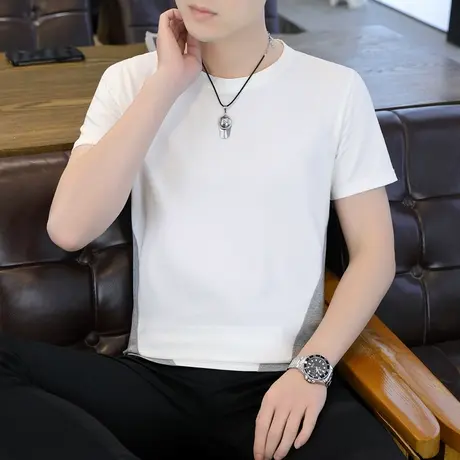 2023夏季新款短袖体恤男棉拼接黑白灰色系吸汗时尚圆领t恤半袖男商品大图