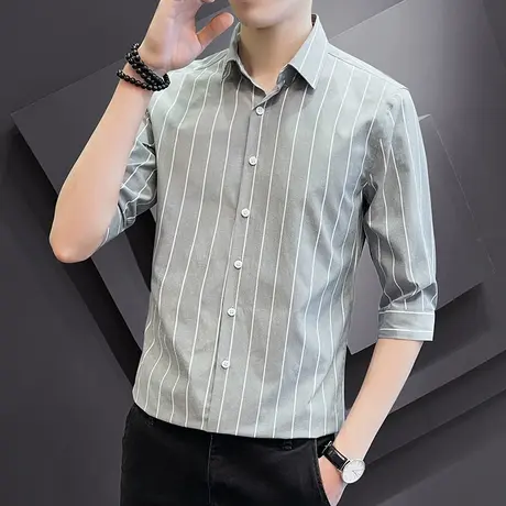 衬衫男士短袖条纹商务衬衣七分袖外套夏季修身高级感寸衫衣服男装图片