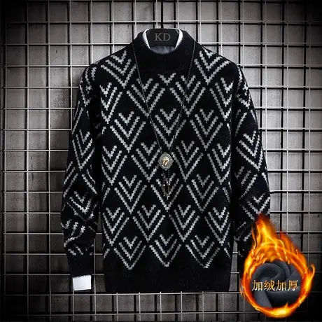 半高领毛衣男秋冬加绒加厚潮流青少年初中学生保暖水貂绒打底衫商品大图