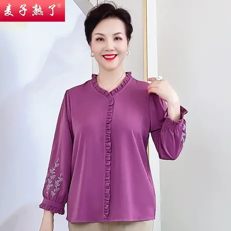 妈妈秋季套装洋气长袖T恤宽松小衬衫中年女雪纺大码上衣服春秋装图片