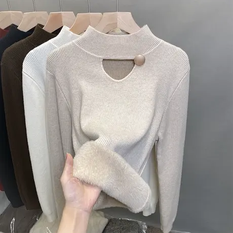 一体绒半高领毛衣女加绒加厚打底衫2023秋冬新款针织衫内搭上衣潮商品大图