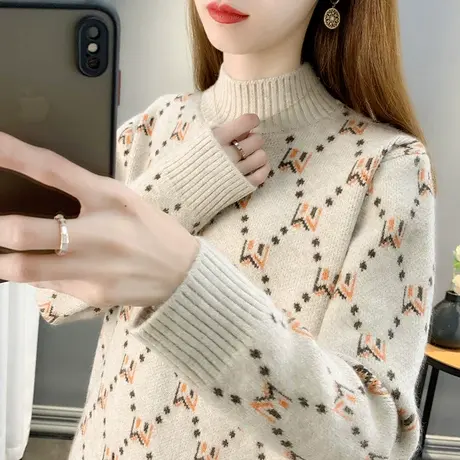 半高领毛衣女宽松套头洋气外穿上衣2023新款韩版拼色针织衫女打底图片