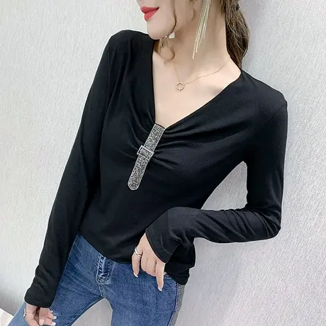 2024春装新款性感V领T恤女长袖设计感洋气上衣修身显瘦内搭打底衫商品大图