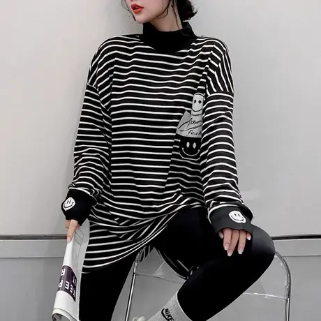 中长款宽松炸街卫衣女秋冬慵懒风条纹外套长袖磨毛半高领打底衫潮图片