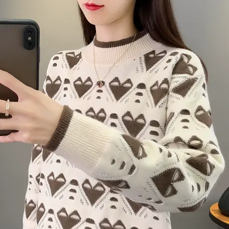 秋冬新款2024高领毛衣女爱心套头加厚针织衫打底衫洋气时尚内搭商品大图