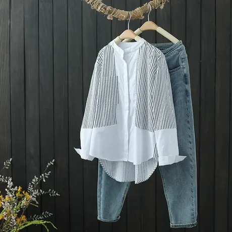 不规则条纹拼接立领长袖衬衫女春季新品宽松百搭打底休闲衬衣外套商品大图