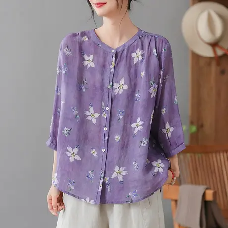 dza 复古印花苎麻女士衬衫2023夏季薄款衬衣宽松显瘦棉麻开衫上衣商品大图