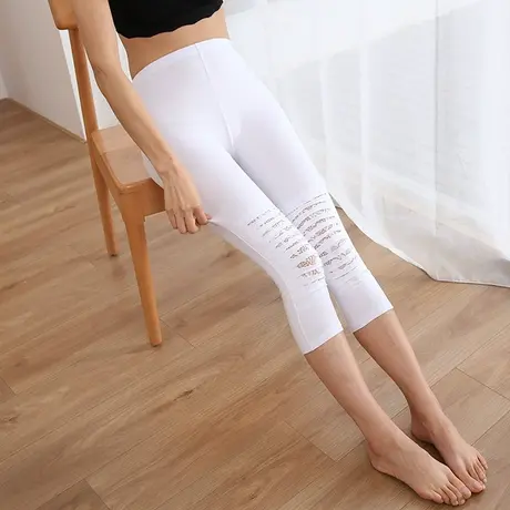 潮ins七分裤女夏季薄款纯棉破洞打底裤高腰弹力白色显瘦大码黑色商品大图