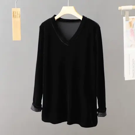 秋冬新款洋气V领套头黑色金丝绒长袖t恤女宽松百搭打底衫上衣潮商品大图
