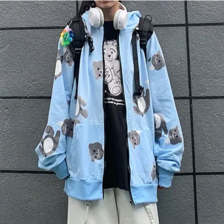 日系古着卫衣女春秋薄款宽松韩版潮ins上衣bf慵懒风开衫拉链外套图片