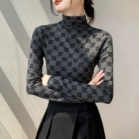 欧货高领长袖T恤女2023秋冬新品洋气减龄字母提花设计感内搭上衣图片