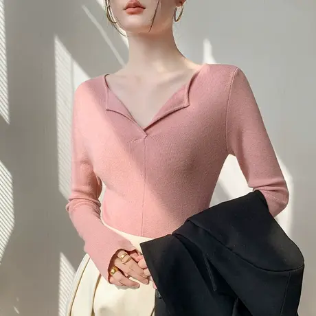 V领长袖针织衫女2023秋冬新品翻领修身设计感小众纯色百搭打底衫商品大图