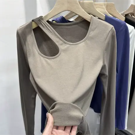 欧货斜领镂空锁骨长袖t恤女2023新款春秋修身洋气内搭打底衫上衣商品大图