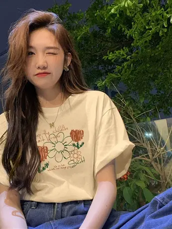 国潮仿棉短袖t恤女夏季宽松设计感小众复古港味chic正肩女装上衣商品大图