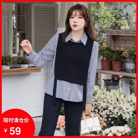 【清仓】大码上衣女2024年春季新款POLO领休闲宽松假两件拼接衬衫商品大图