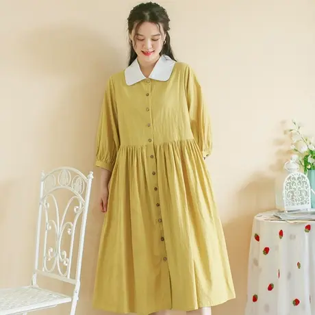 胖妹妹2025秋季新品宽松撞色七分袖连衣裙大码复古文艺图片