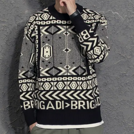 奕飏男装2021冬季新款微落肩宽松圆领针织衫男士撞色提花毛衣男潮商品大图