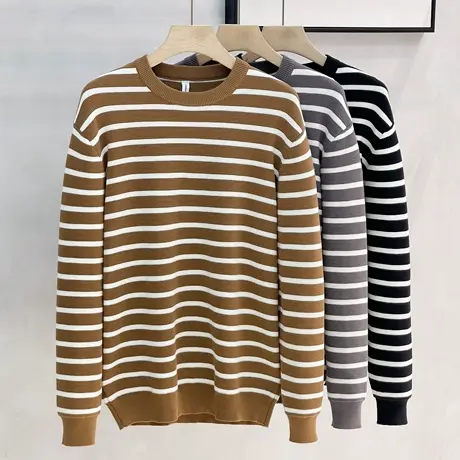 肌理厚款秋季新款条纹针织圆领毛衣男宽松休闲长袖T恤打底商品大图