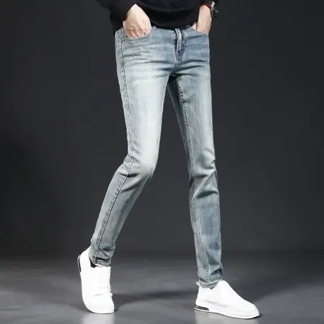 秋季牛仔裤男2023新款复古经典蓝修身小脚弹力百搭休闲男士牛仔裤商品大图