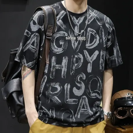 黑色印花短袖t恤男士夏季宽松大码潮牌2024新款男装纯棉体恤男款商品大图